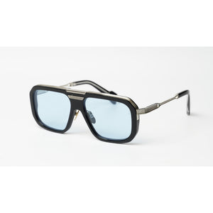 A pair of oversized square aviator-style sunglasses with a black acetate frame, silver metal trim, and light blue lenses, shown on a white background.