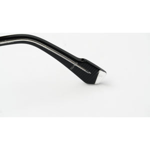 Close-up of a black metal eyeglass arm tip with a silver-toned hinge and small white '16' marking on a white background.