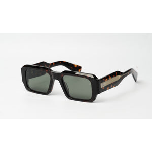 A pair of square sunglasses with a glossy black and brown tortoiseshell frame and dark green lenses, shown on a clean white background.