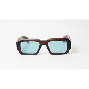 Rectangular sunglasses with a dark brown translucent acetate frame and light blue tinted lenses, shown against a plain white background.