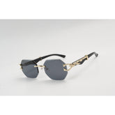 Panther - R09 - Black - Golden - Wooden Texture - Rimless - Metal - Hexagonal Round - Sunglasses - Eyewear