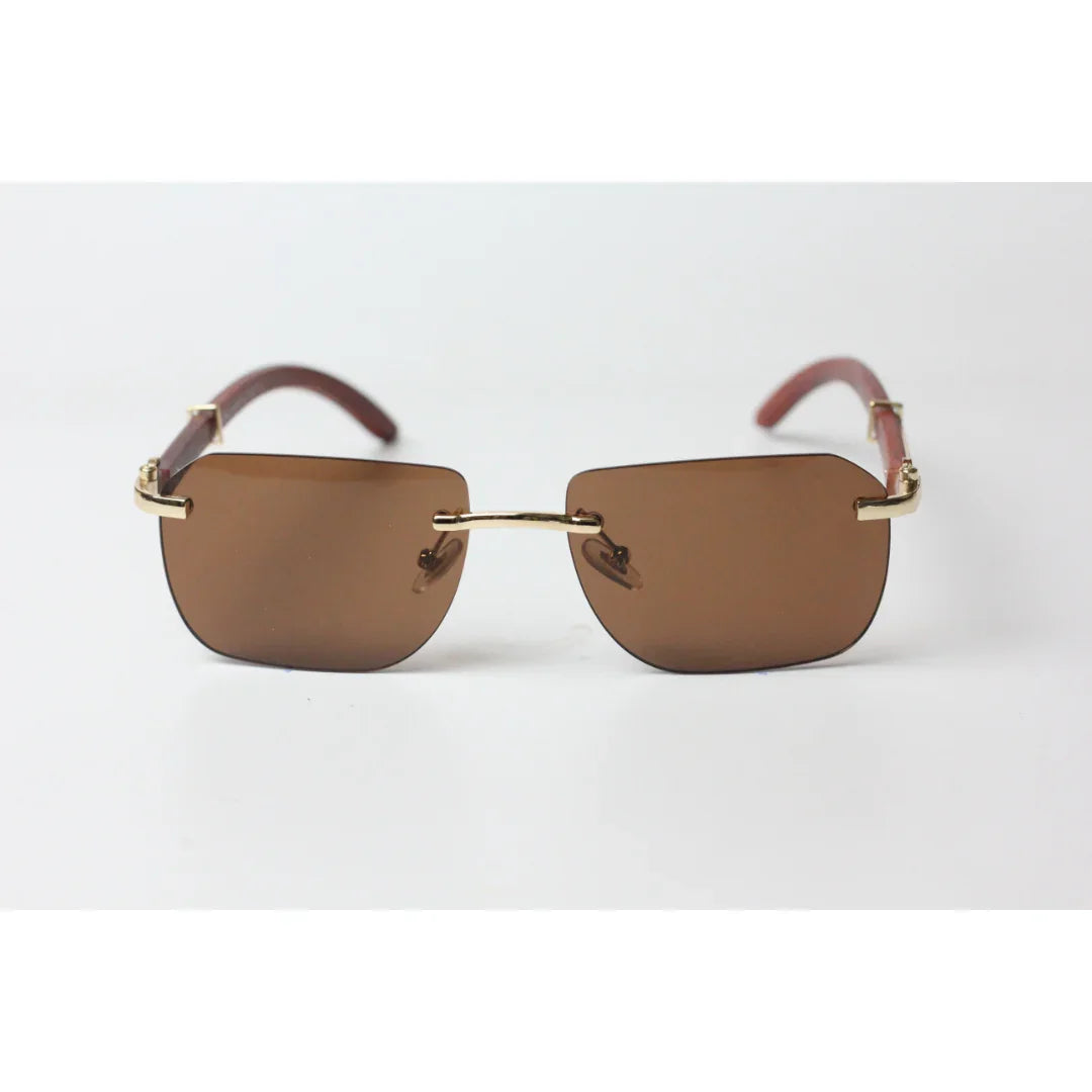 Cartier - R10 - Tea Brown - Wooden - Golden - Rimless - Metal - Rectangle - Sunglasses - Eyewear
