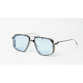 A pair of angular aviator-style sunglasses with a dark gray metal frame and light blue tinted lenses, shown on a clean white background.