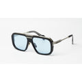 A pair of oversized square aviator-style sunglasses with a black acetate frame, silver metal trim, and light blue lenses, shown on a white background.