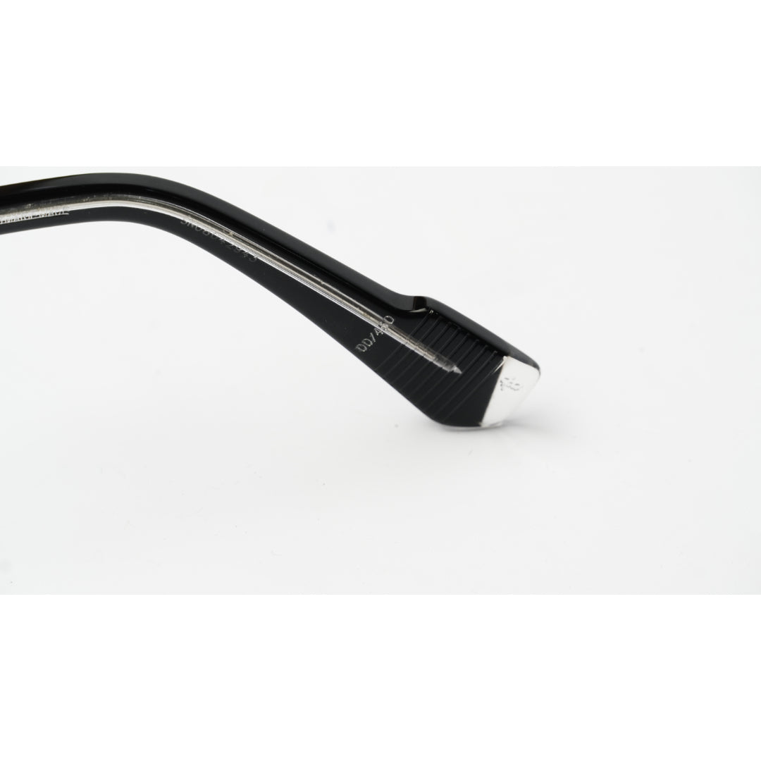 Close-up of a black metal eyeglass arm tip with a silver-toned hinge and small white '16' marking on a white background.