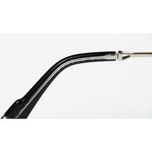 Close-up of a black acetate eyeglass frame arm with a silver metal hinge on a white background.