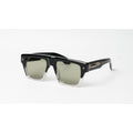A pair of square sunglasses with a glossy black frame, clear lower rims, and muted green-tinted lenses, shown on a plain white background.