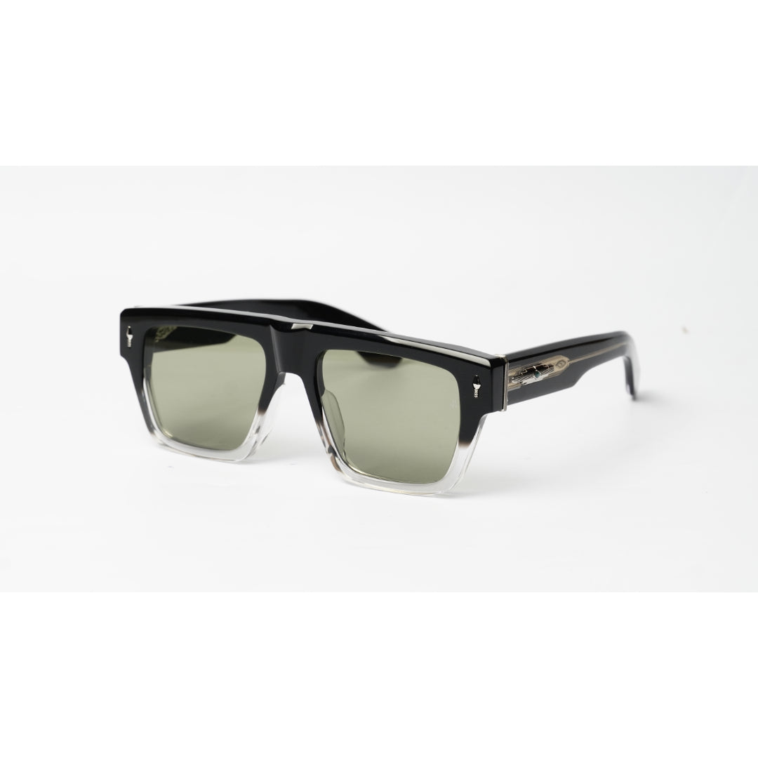 A pair of square sunglasses with a glossy black frame, clear lower rims, and muted green-tinted lenses, shown on a plain white background.