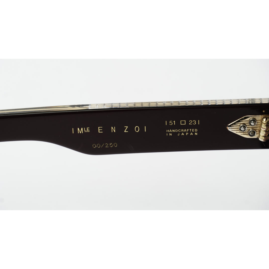 Close-up of a dark brown or black Enzo eyeglass frame arm with gold lettering and a gold hinge, shown against a white background.