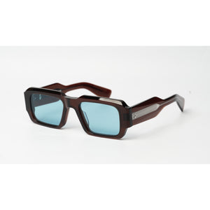 A pair of square-shaped sunglasses with a translucent dark brown acetate frame and light blue lenses, shown on a plain white background.