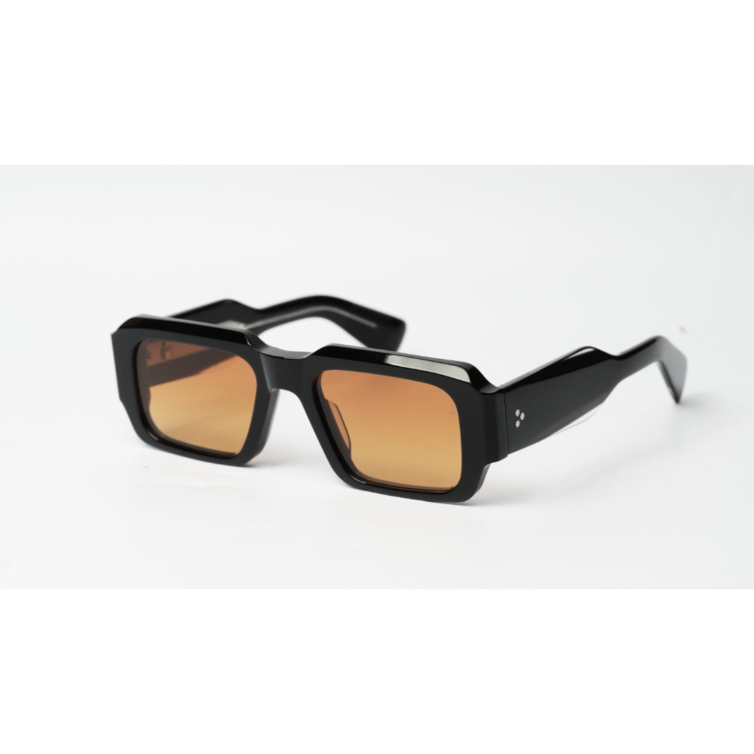 Black square sunglasses with orange-tinted lenses, shown on a clean white background.