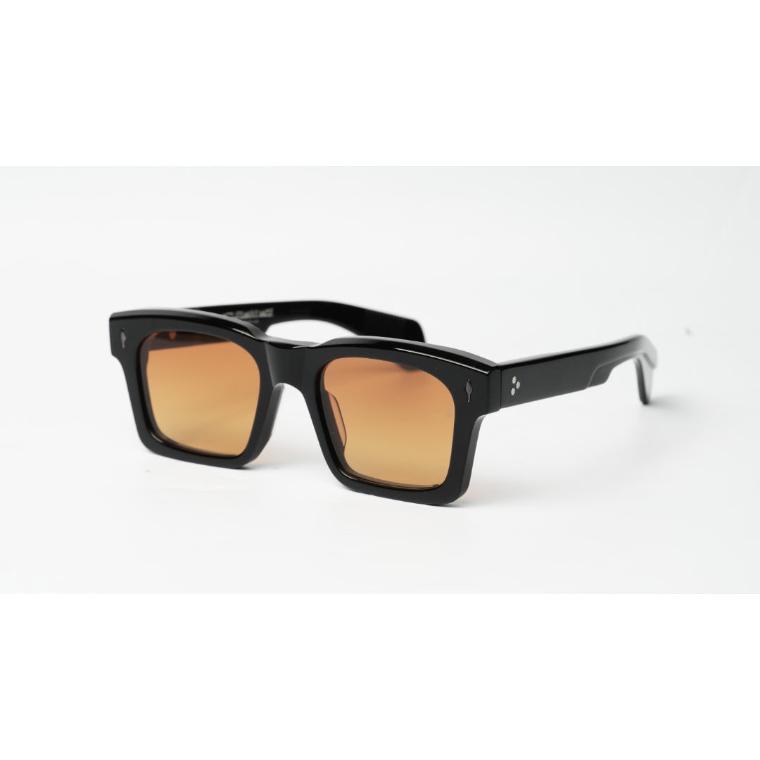 Black square sunglasses with warm orange gradient lenses, shown on a clean white background.