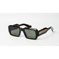 A pair of square sunglasses with a glossy black and brown tortoiseshell frame and dark green lenses, shown on a clean white background.