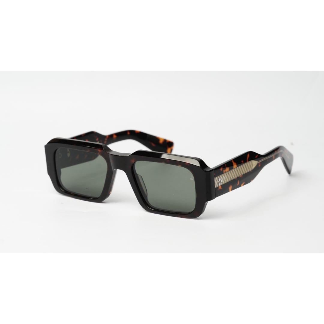 A pair of square sunglasses with a glossy black and brown tortoiseshell frame and dark green lenses, shown on a clean white background.