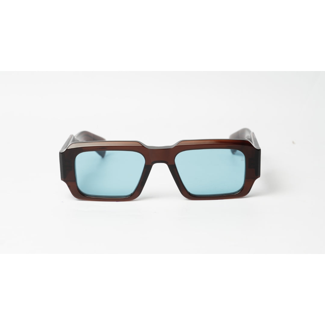 Rectangular sunglasses with a dark brown translucent acetate frame and light blue tinted lenses, shown against a plain white background.
