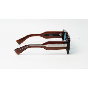 A pair of vintage-style square sunglasses with dark brown acetate arms and a black front frame, shown from a side profile on a white background.