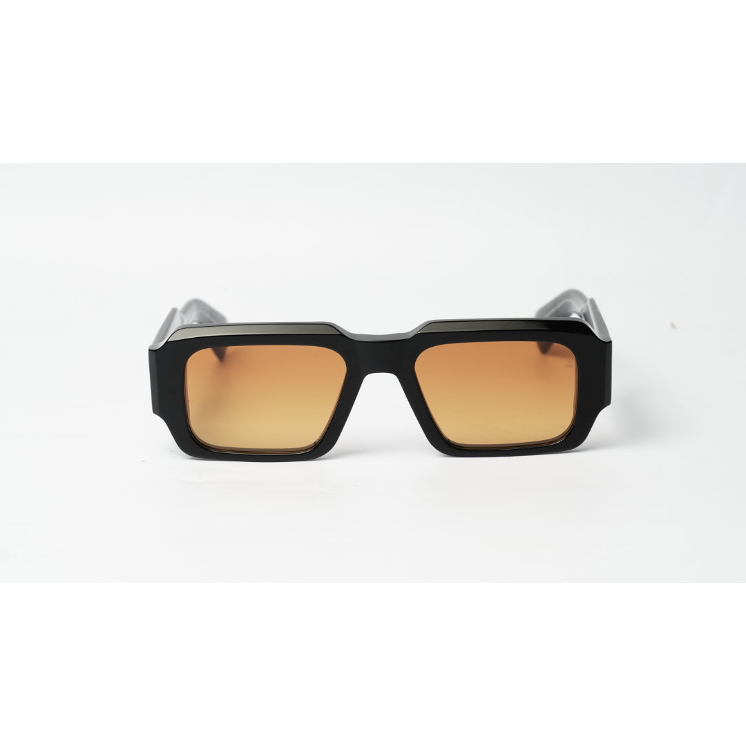 A pair of square sunglasses with a thick black frame and warm brown gradient lenses, shown against a plain white background.