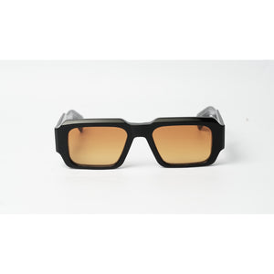 A pair of square sunglasses with a thick black frame and warm brown gradient lenses, shown against a plain white background.
