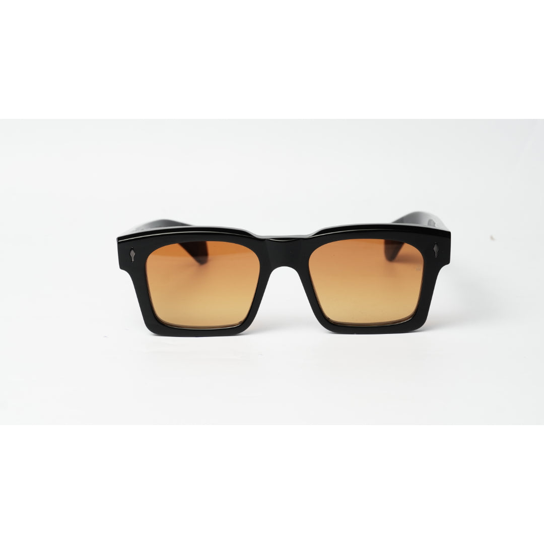 Black square sunglasses with gradient amber-orange lenses, shown from the front on a white background.