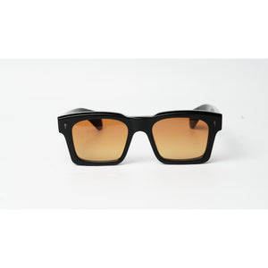 Black square sunglasses with gradient amber-orange lenses, shown from the front on a white background.