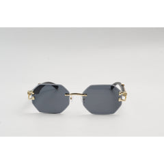 Panther - R09 - Black - Golden - Wooden Texture - Rimless - Metal - Hexagonal Round - Sunglasses - Eyewear